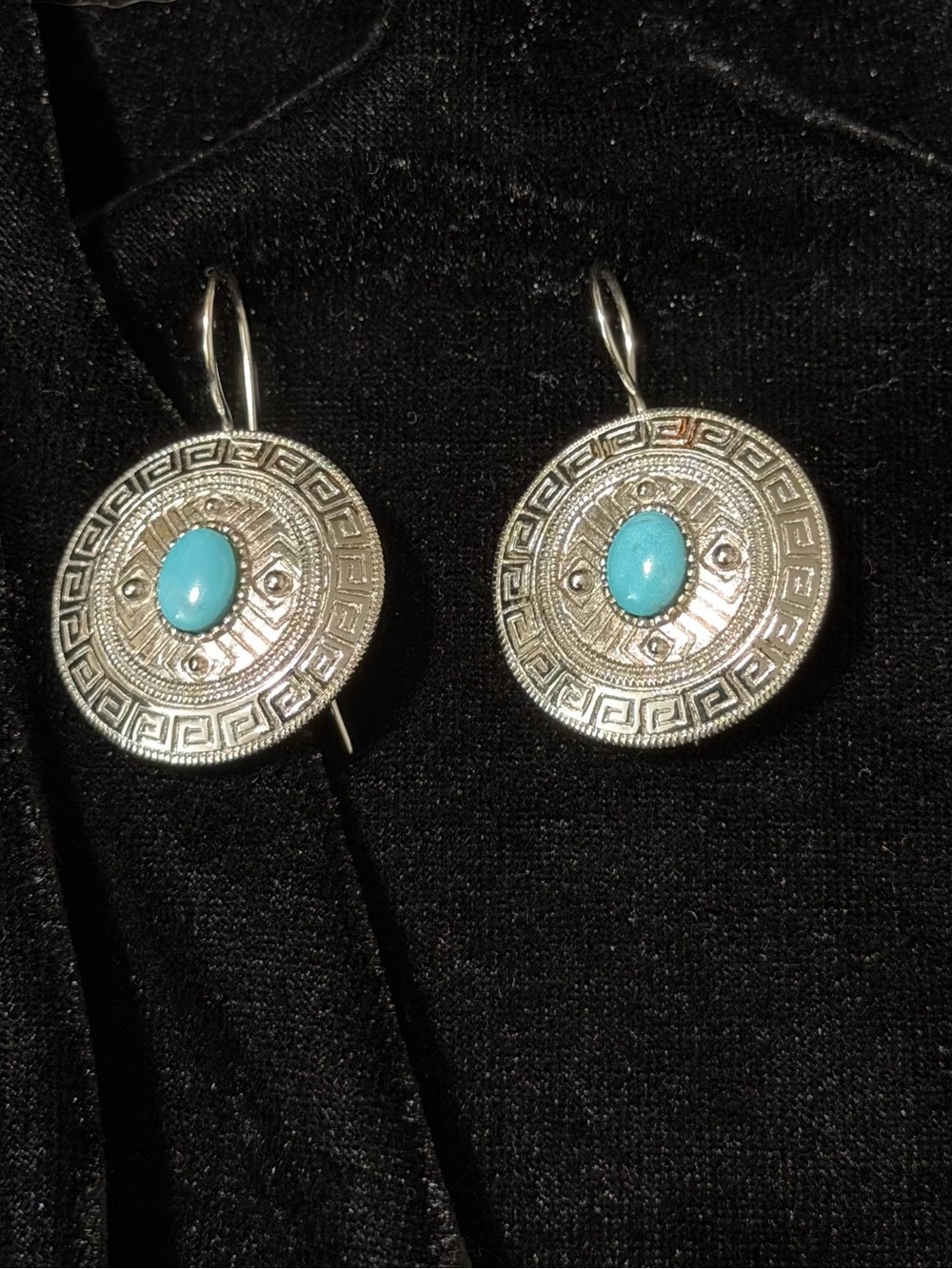 Turquoise Center Silver Medallion Drop Earrings - Unbranded